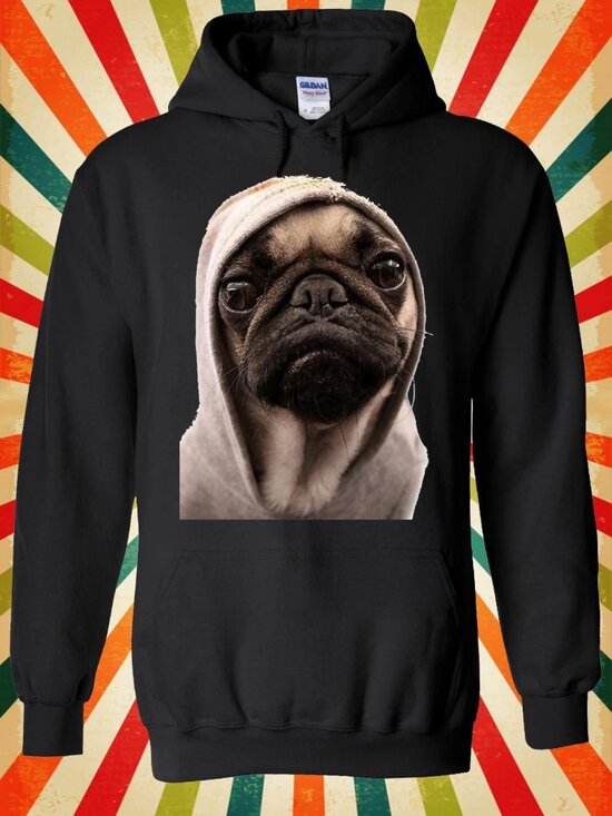 Tops - Cute Grumpy Pug Meme Print Black Hoodie Unisex Dog Lover Retro Everyday Pullover